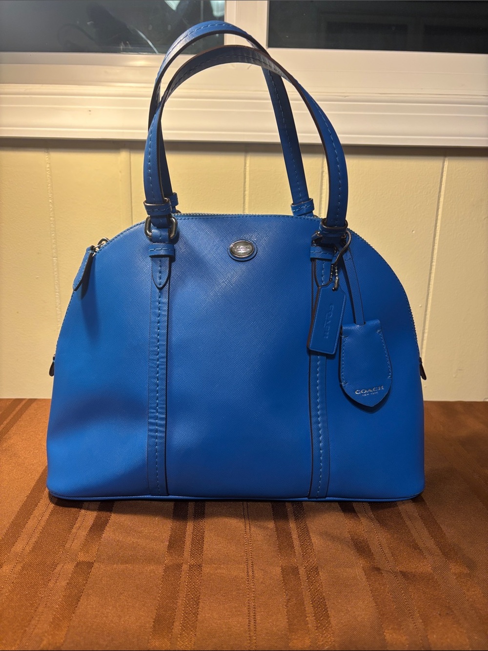 EUC Coach Peyton Leather Cora Domed Satchel Cerulean Blue - RARE complete set